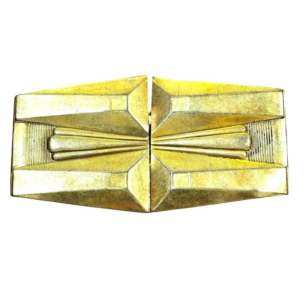 Vintage gold tone metal belt buckle Duette hook & eye clips brass Art Deco style